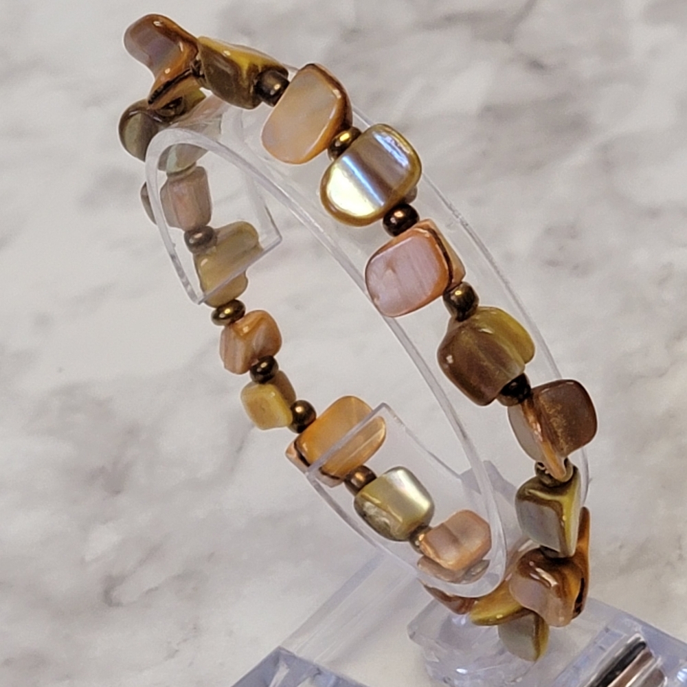 Copper Tone Abalone Nugget Beaded Bracelet Stretch Glass‎ Beads Boho Bohemian